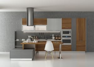 Moderna köksskåp i träkorn